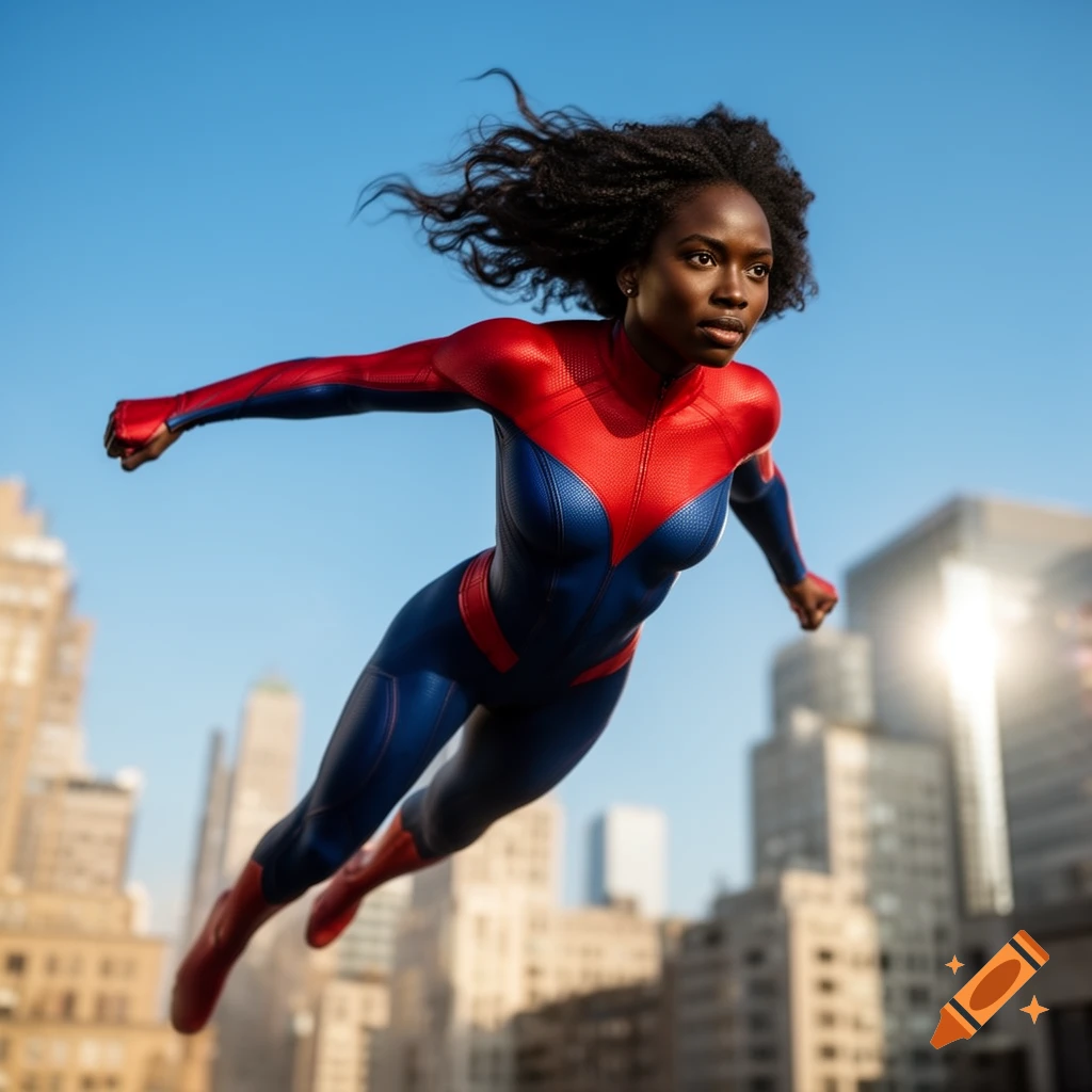 A Black woman superhero in a red and blue suit flies through the clear blue sky above a cityscape.