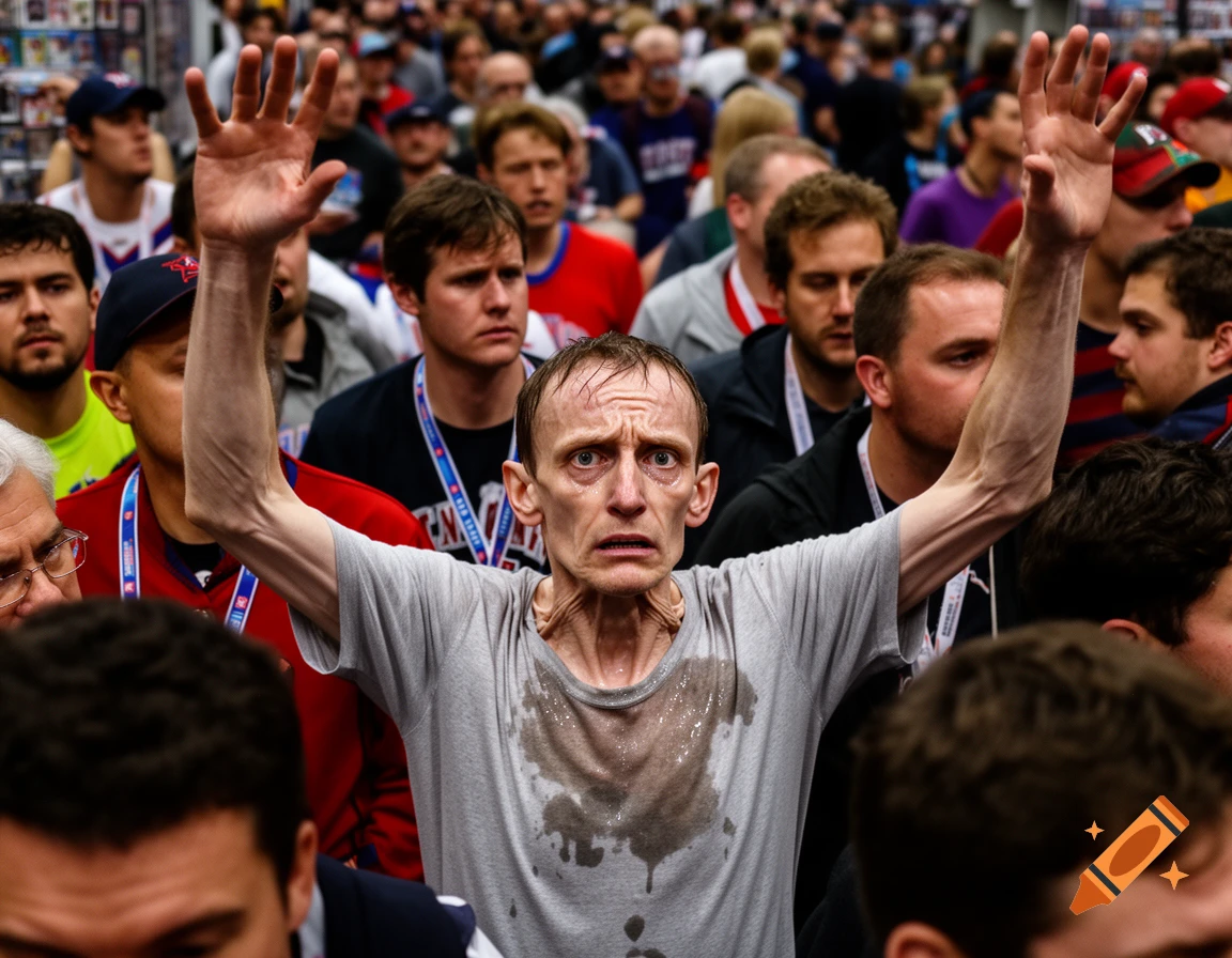 A gaunt, sweaty man with raised arms and a frightened expression is surrounded by a dense crowd of people.