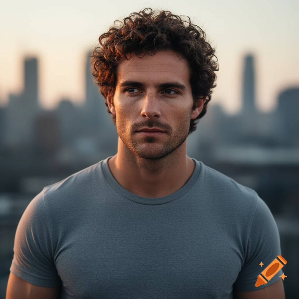 A curly-haired man in a grey t-shirt looks thoughtfully to the side, with a blurred city skyline at sunset behind him.