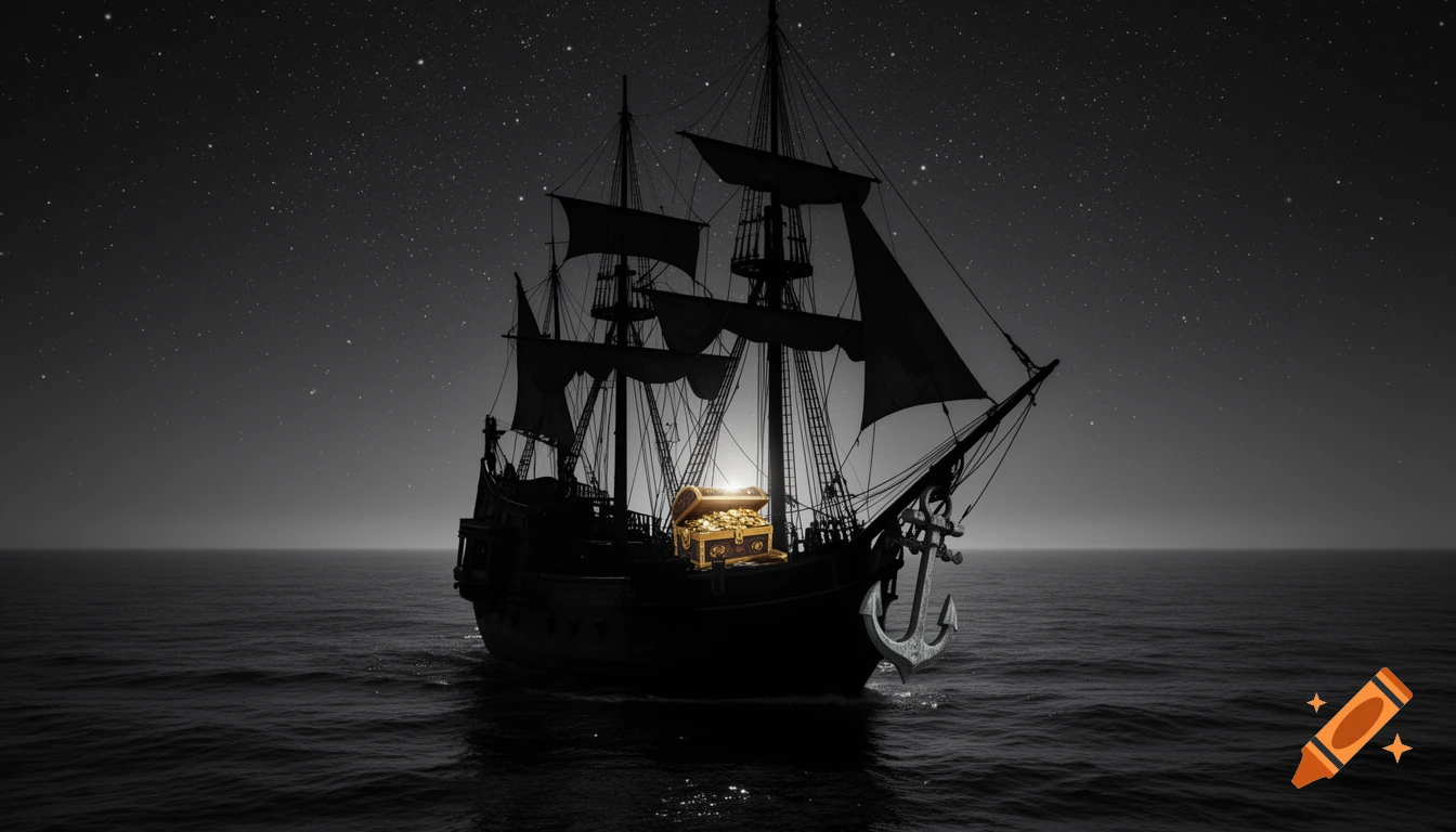 A black and white pirate ship sails on a dark ocean under a starry night, carrying a glowing treasure chest.
