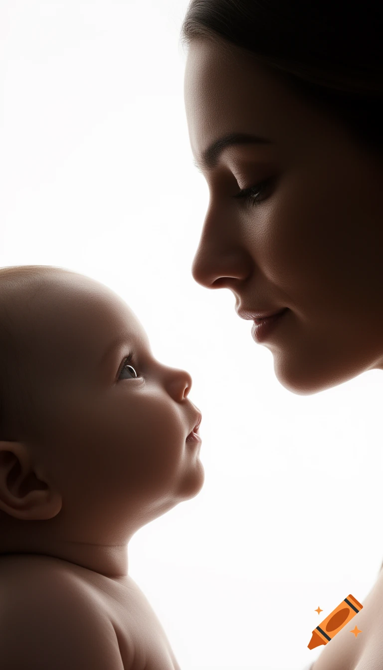 Photorealistic close-up portrait of a mother and baby looking at each other, silhouetted against a bright white background.