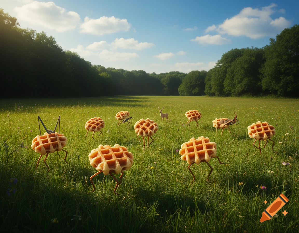 Photorealistic image of multiple Belgian waffles with spindly legs walking through a sunlit green meadow with trees in the distance.