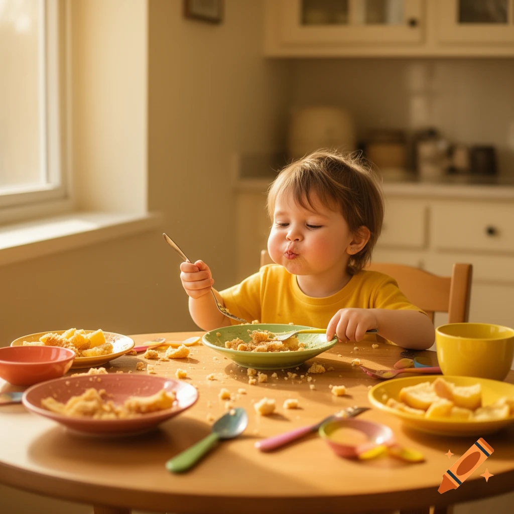 A toddler in a yellow shirt sits at a table, making a messy face while eating with a fork, surrounded by plates and crumbs.