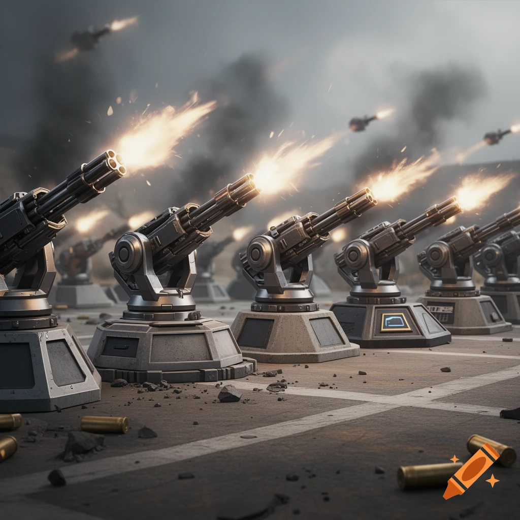 Photorealistic scene of multiple futuristic turrets firing rapidly, with muzzle flashes, smoke, and spent shell casings.