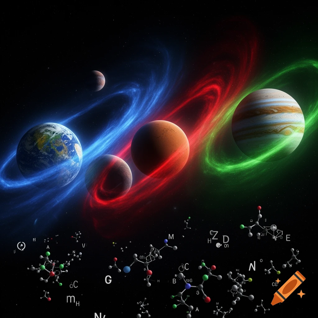 A vibrant cosmic scene featuring Earth, Mars, and Jupiter encircled by colorful nebulae, with various chemical structures floating below.