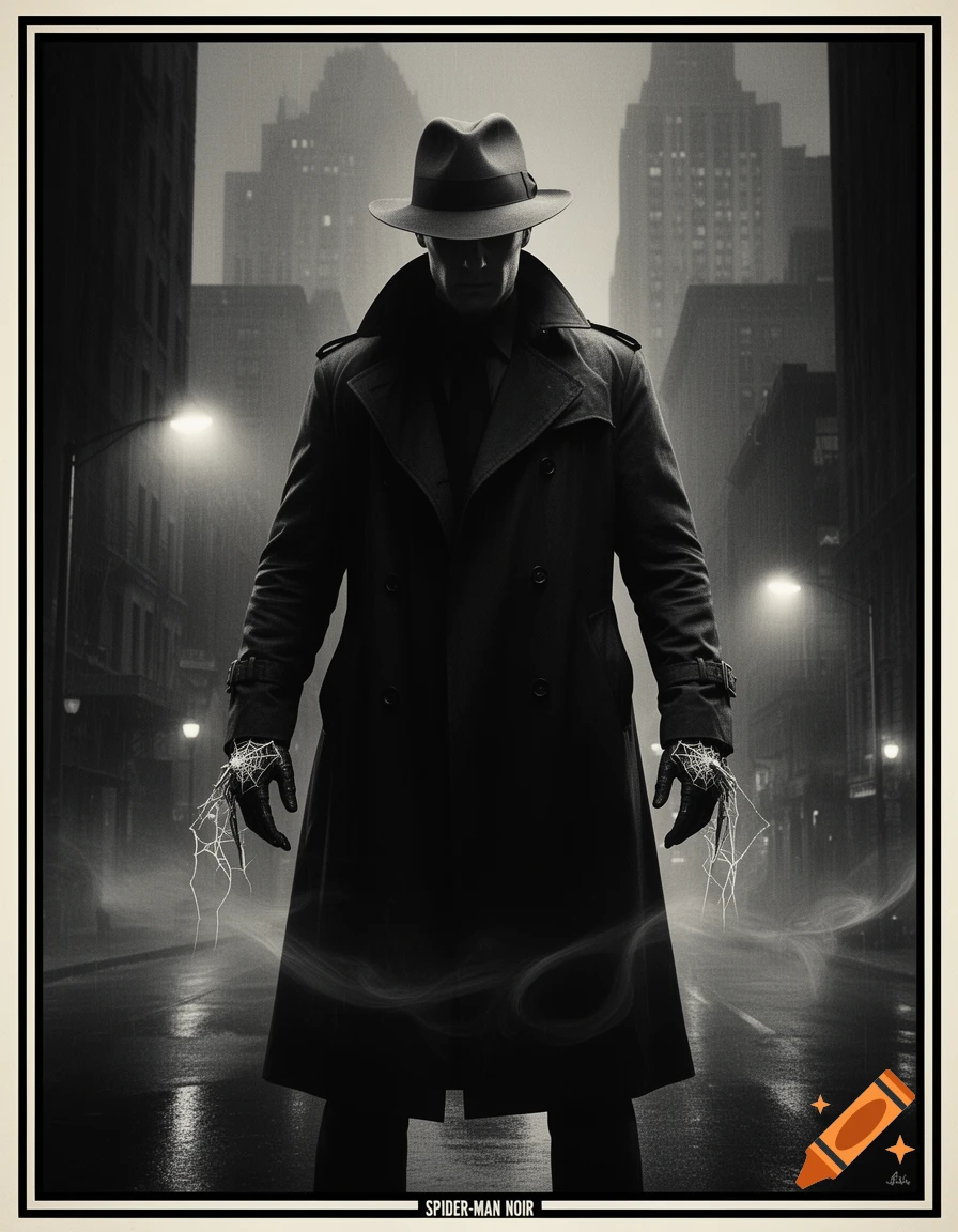 Grayscale noir poster of Spider-Man Noir in a trench coat and fedora, standing dramatically on a rainy city street at night with subtle web effects.