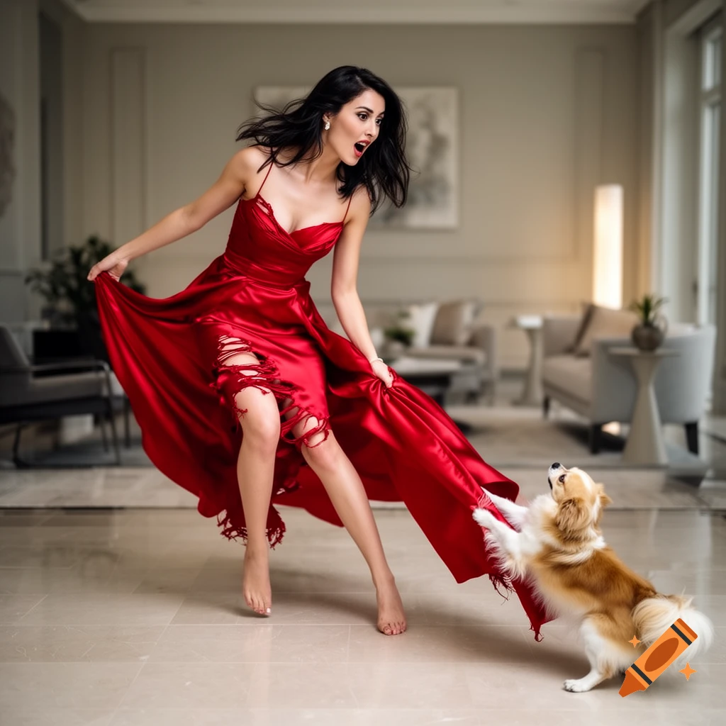 A woman in a red ripped dress reacts with surprise as a small dog tugs on her skirt in a modern living room.