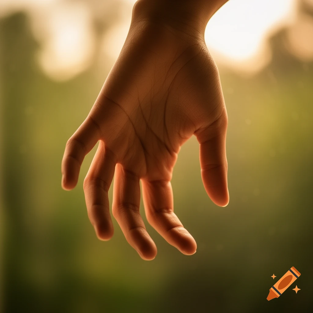 Close-up of a human hand reaching down, softly lit against a blurred green and yellow background.