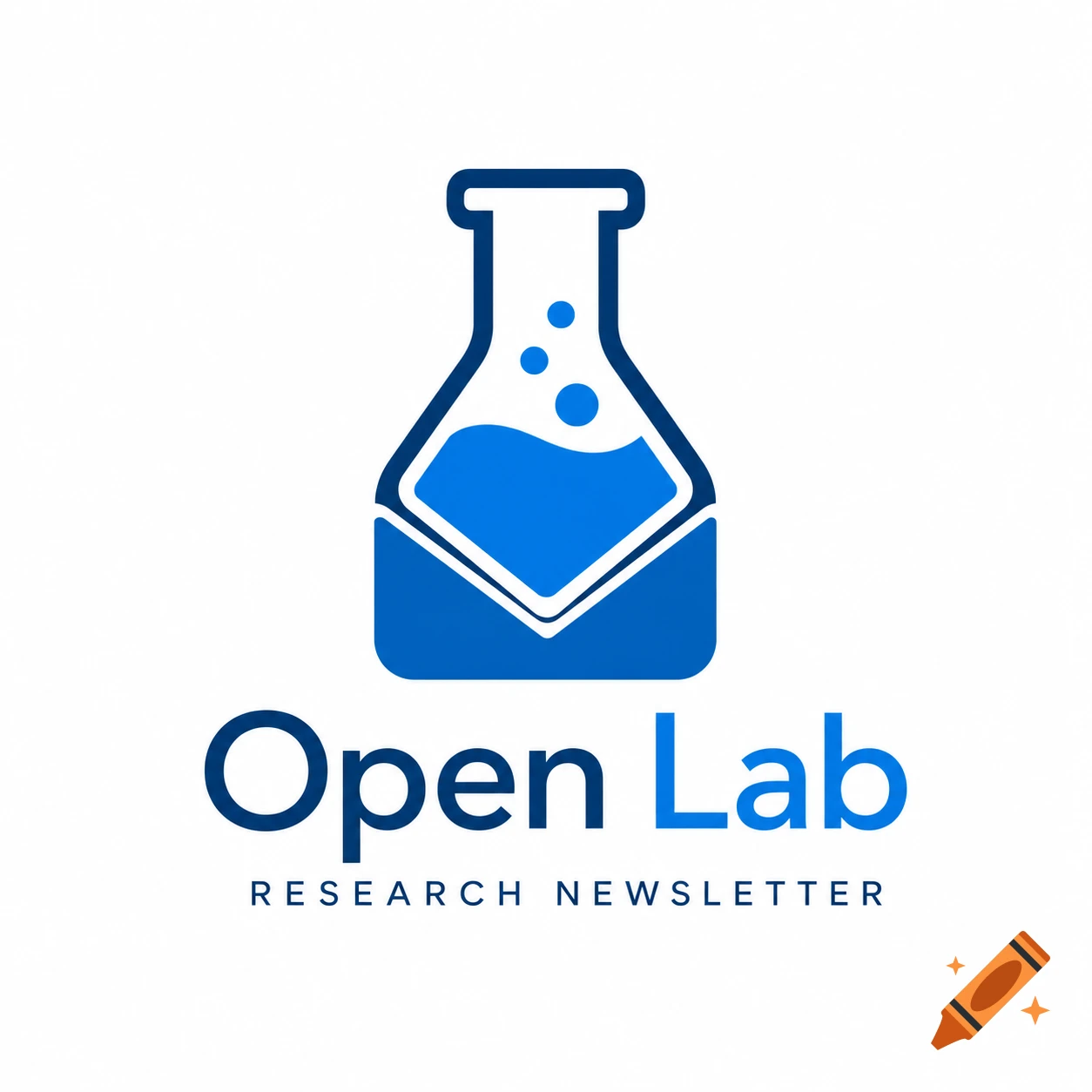 Minimalist blue and white vector logo featuring a flask combined with an envelope, with text "Open Lab Research Newsletter".