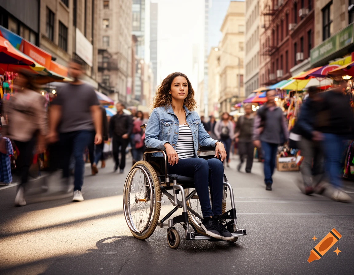 A woman in a wheelchair looks ahead, central in a bustling, sunny city street with blurred people and colorful market stalls on either side.