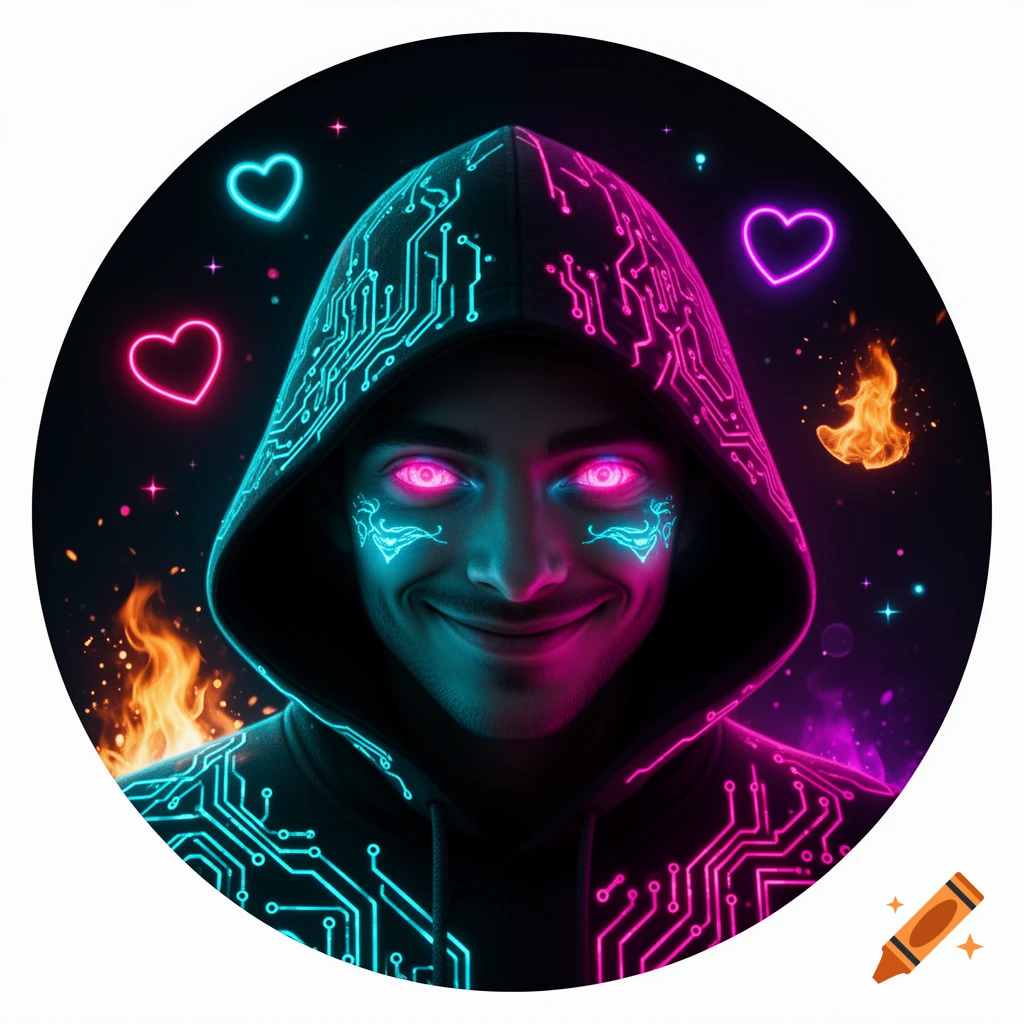 A mysterious hooded figure with glowing neon circuit patterns, glowing pink eyes, and a mischievous smirk, surrounded by neon hearts and fire sparks.
