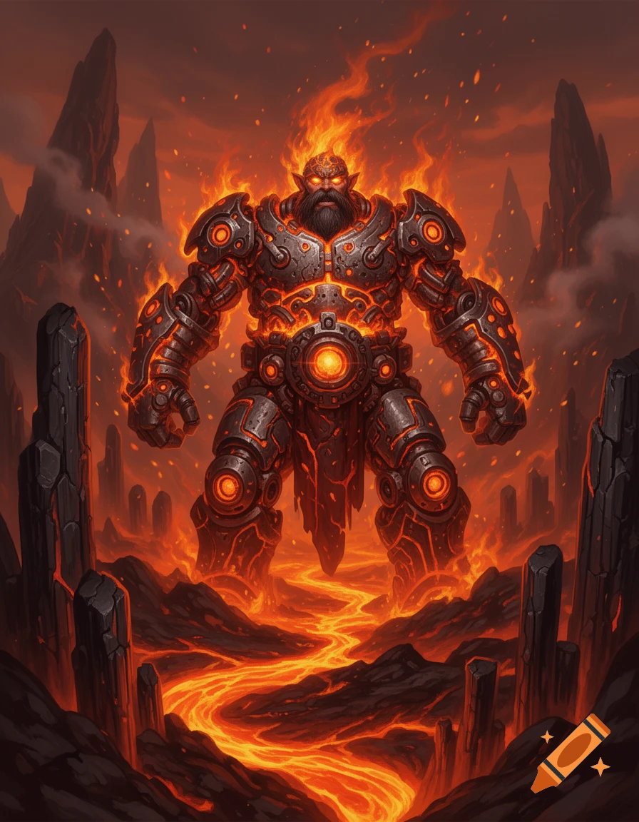 A colossal, armored dwarf-like creature made of magma and fire stands in a fiery volcanic landscape, stylized digital art.