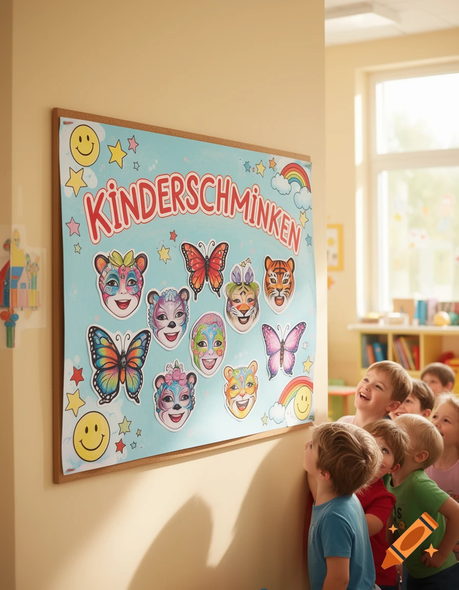 Children look up at a colorful poster displaying various face painting designs like butterflies and animal masks in a brightly lit classroom.