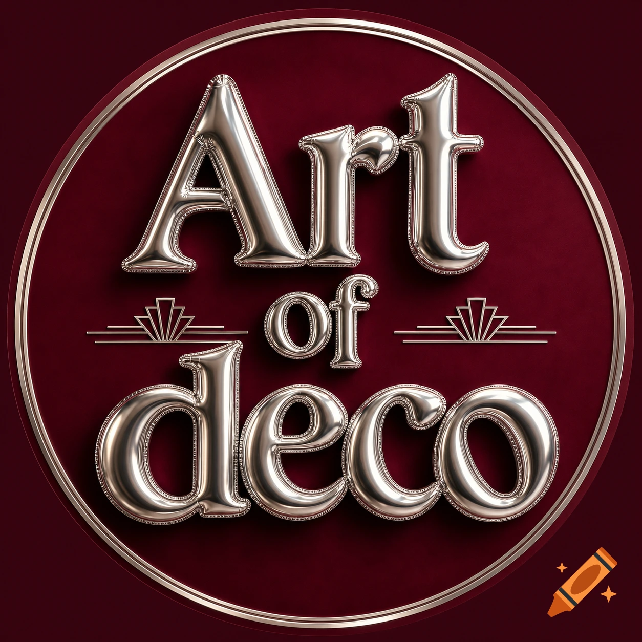 Silver balloon letters spelling 'Art of deco' on a rich maroon circle with a metallic border, in an Art Deco style.