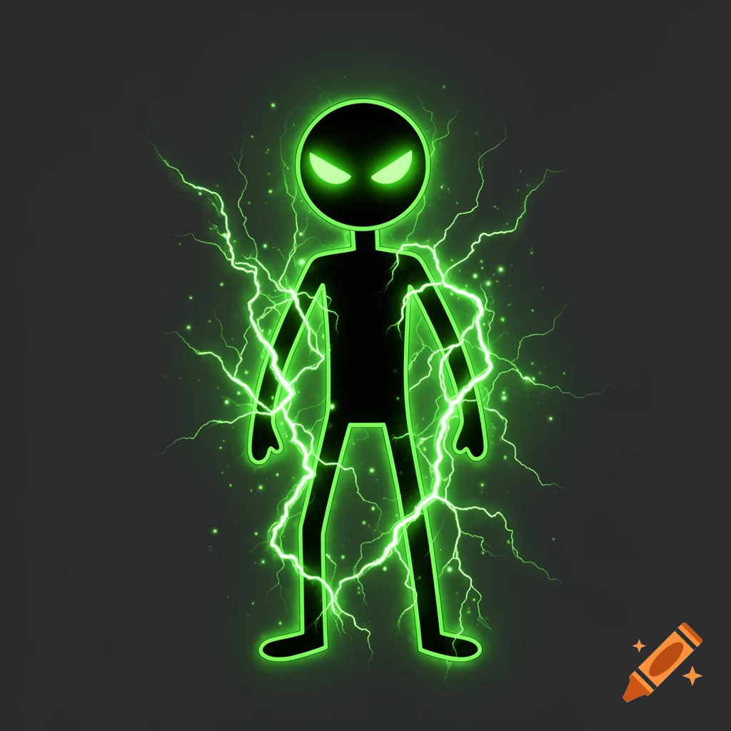 A black stick figure with glowing green outlines, intense green eyes, and crackling green lightning on a dark gray background. Digital art.