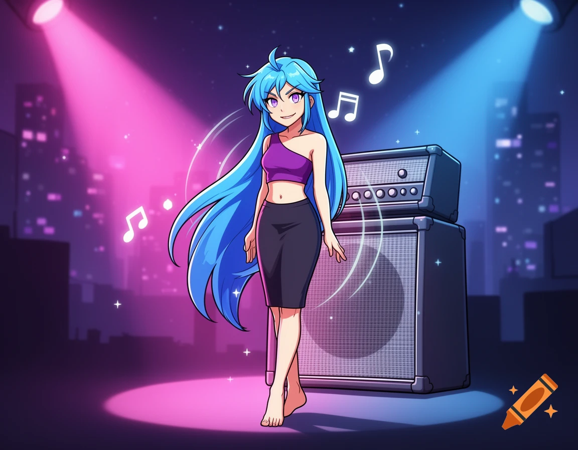 An anime girl with long blue hair, purple crop top, and black skirt stands barefoot on a stage with an amplifier, spotlights, and musical notes, against a city backdrop.