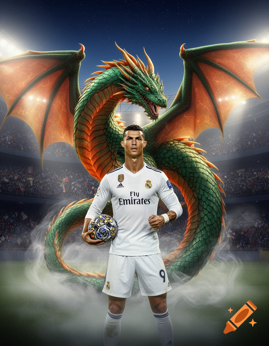 Photorealistic image of Cristiano Ronaldo in a white soccer uniform holding a ball, with a large green and orange dragon behind him in a stadium.