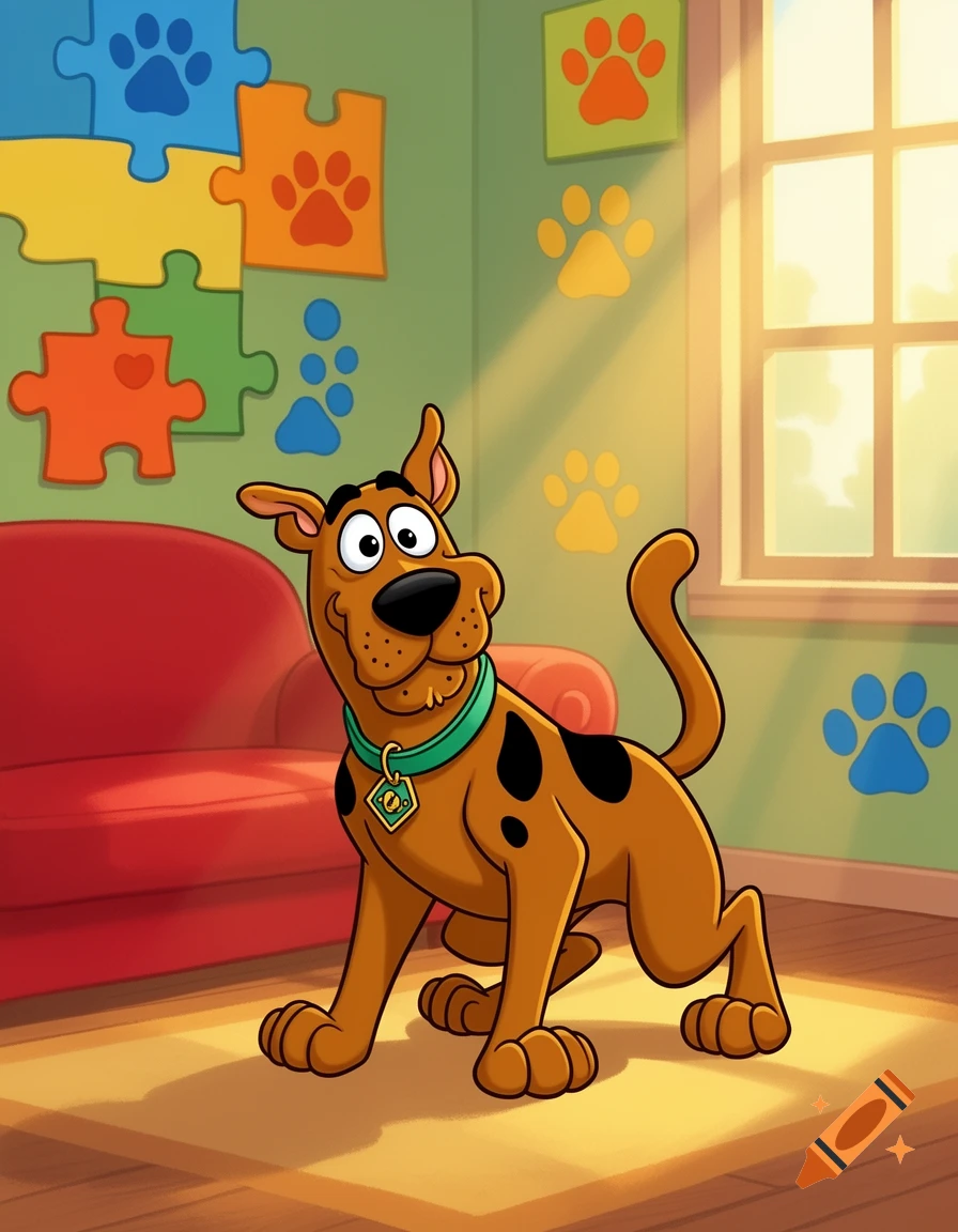 Scooby Doo, a brown dog with black spots and a green collar, stands on a rug in a sunny cartoon room with a red sofa, window, and paw print puzzle pieces on the wall.