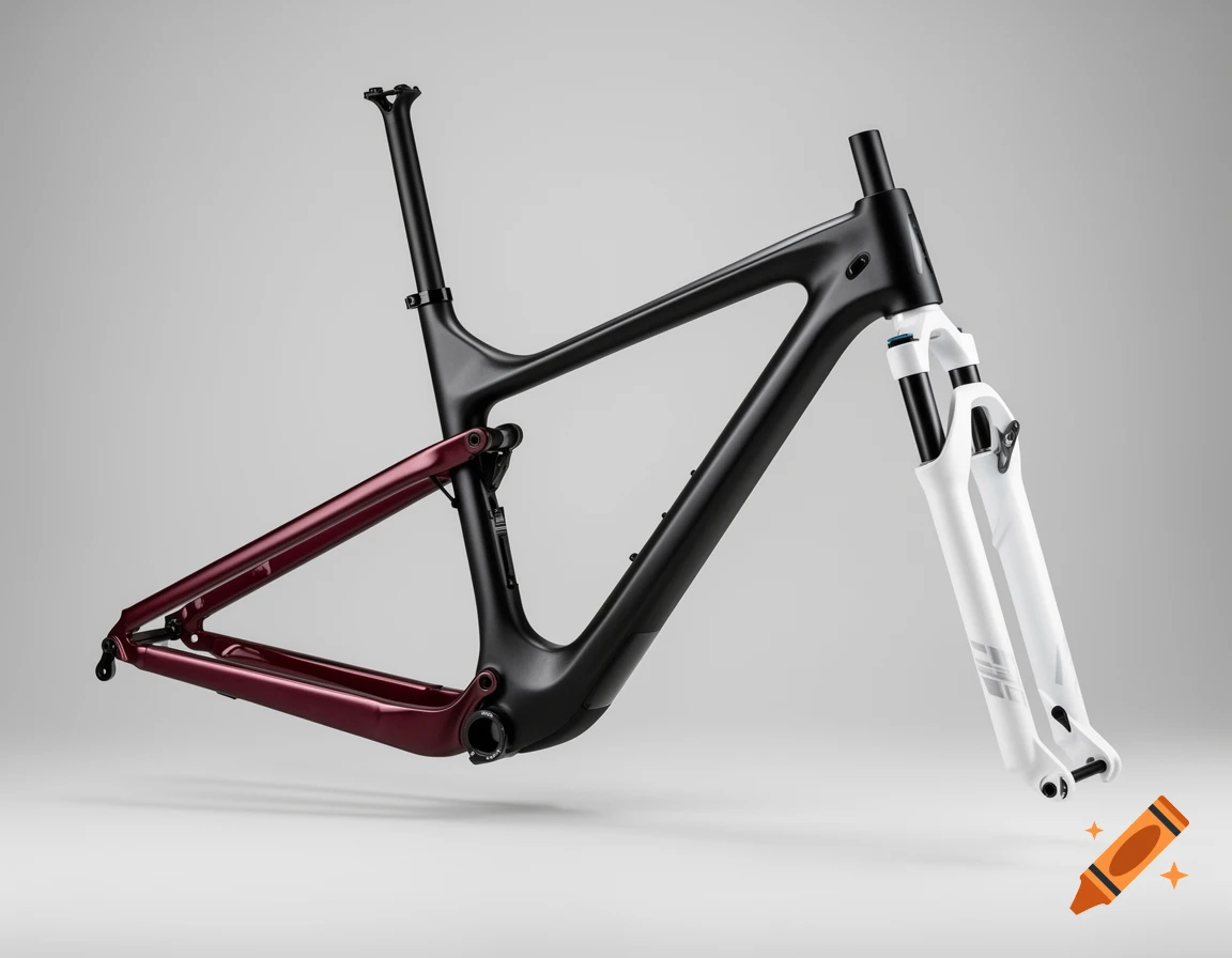 A black and burgundy mountain bike frame with a white suspension fork against a gray background.