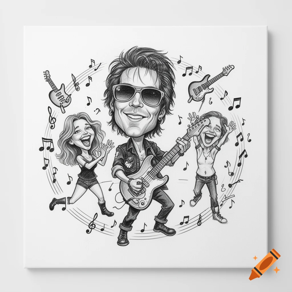 Black and white pencil caricature of a rock star playing a guitar for two cheering fans, surrounded by music notes and guitar sketches.