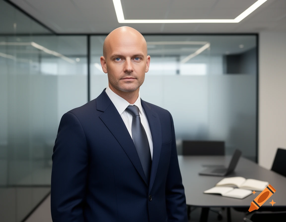 Photorealistic portrait of a bald man in a dark blue suit and tie, standing in a modern office conference room.