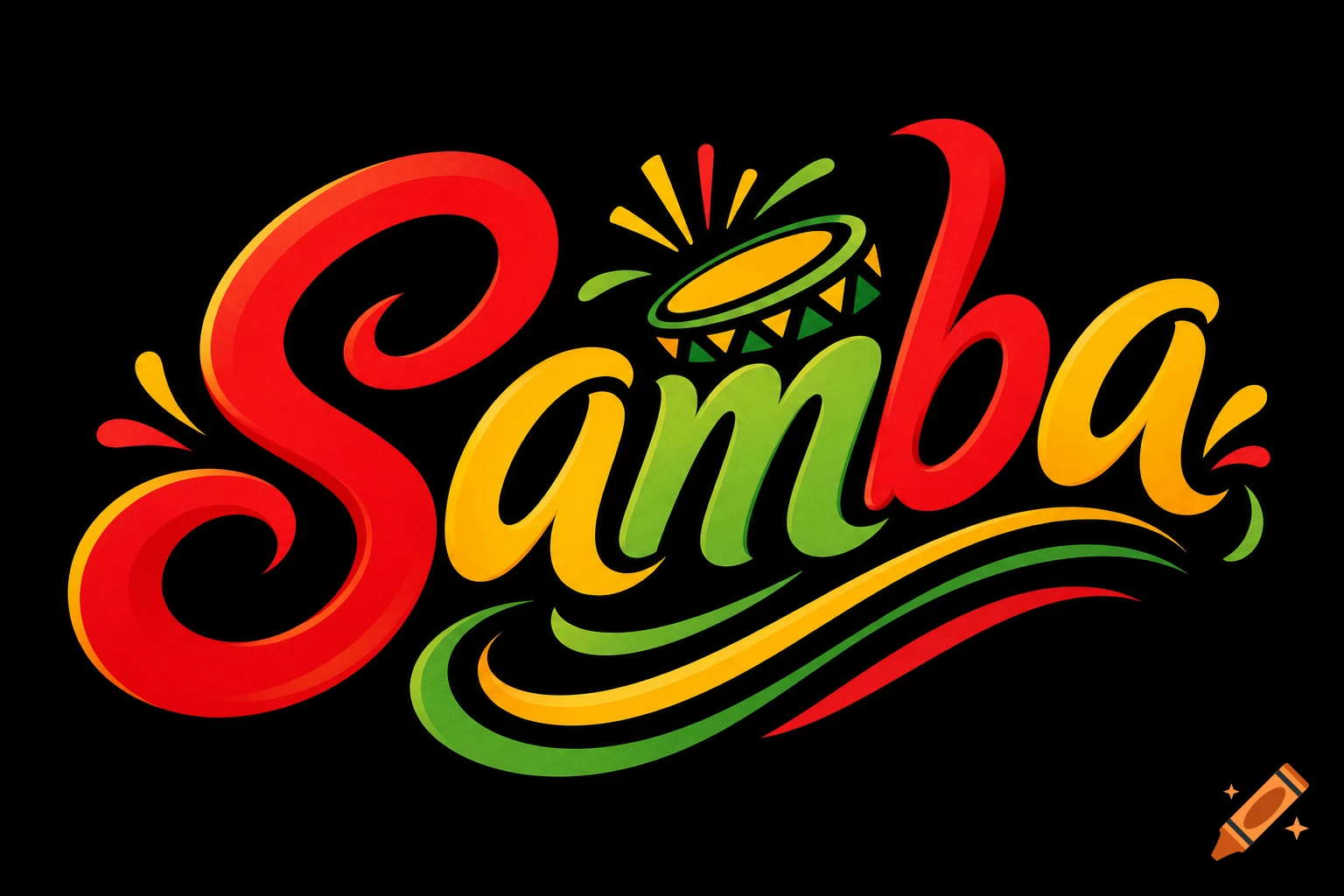 A vibrant, colorful logo spelling 'Samba' in red, yellow, and green script, with a drum graphic and decorative flourishes on a black background.