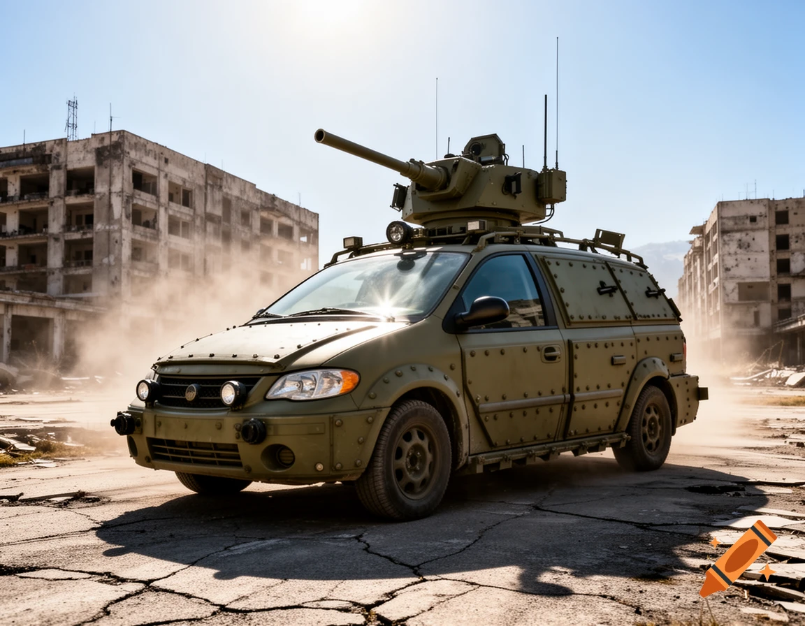 An olive green minivan modified into a tank drives through a dusty, ruined city under a bright sky.