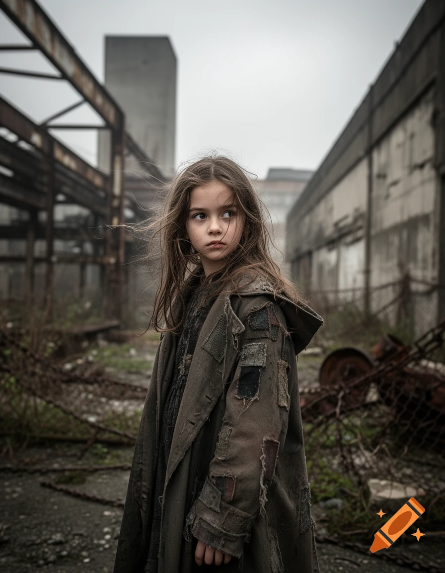 A young girl with long, windswept hair and a patched coat looks away in a desolate, industrial landscape under an overcast sky. Photorealistic.
