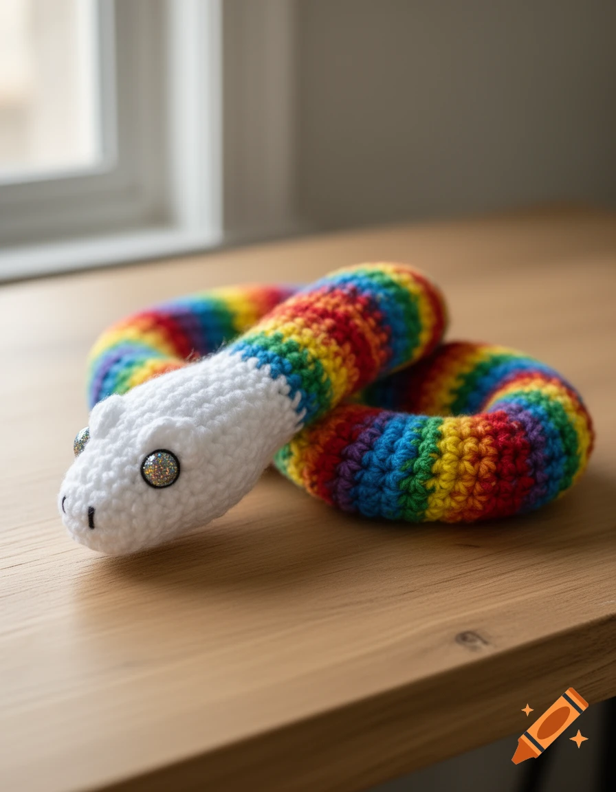 A white crochet snake with rainbow stripes and glittery eyes rests on a wooden table near a window.