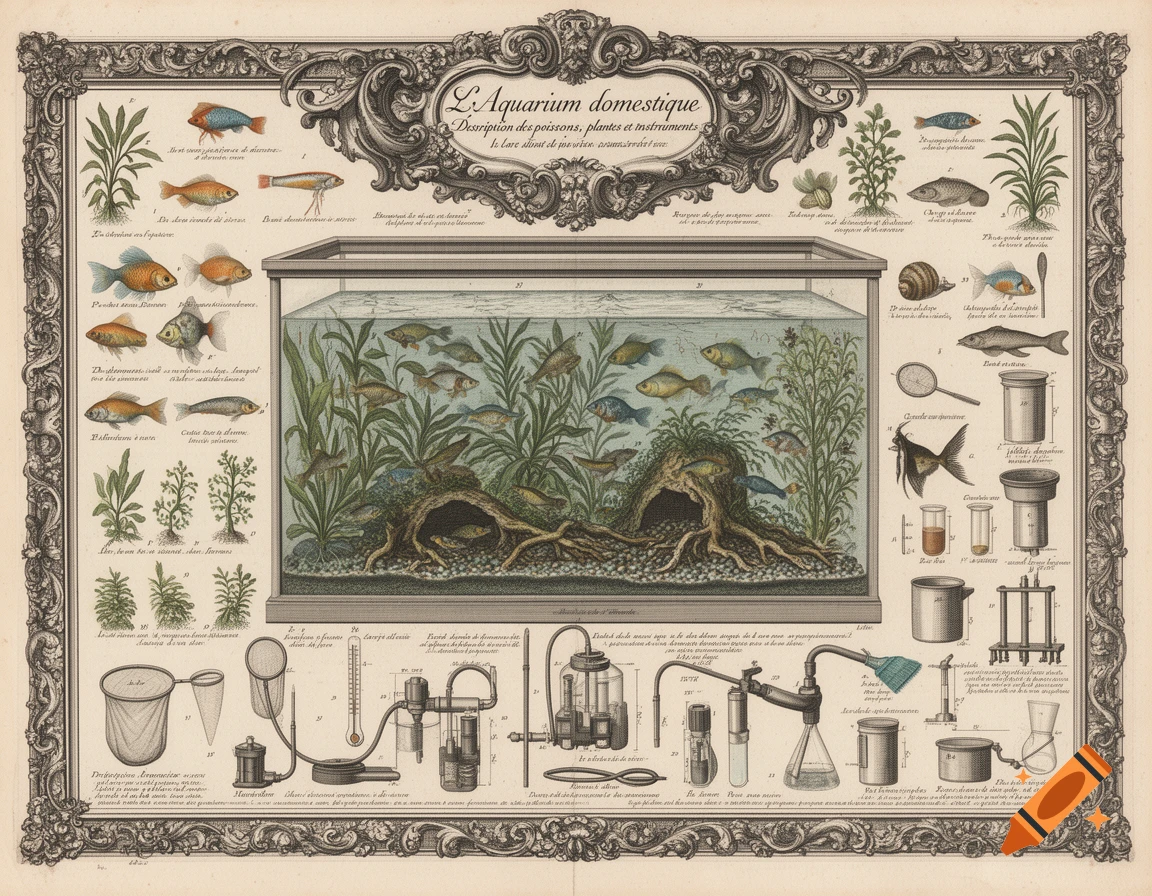 Vintage scientific illustration of an aquarium with various fish, aquatic plants, and detailed diagrams of instruments and tools.
