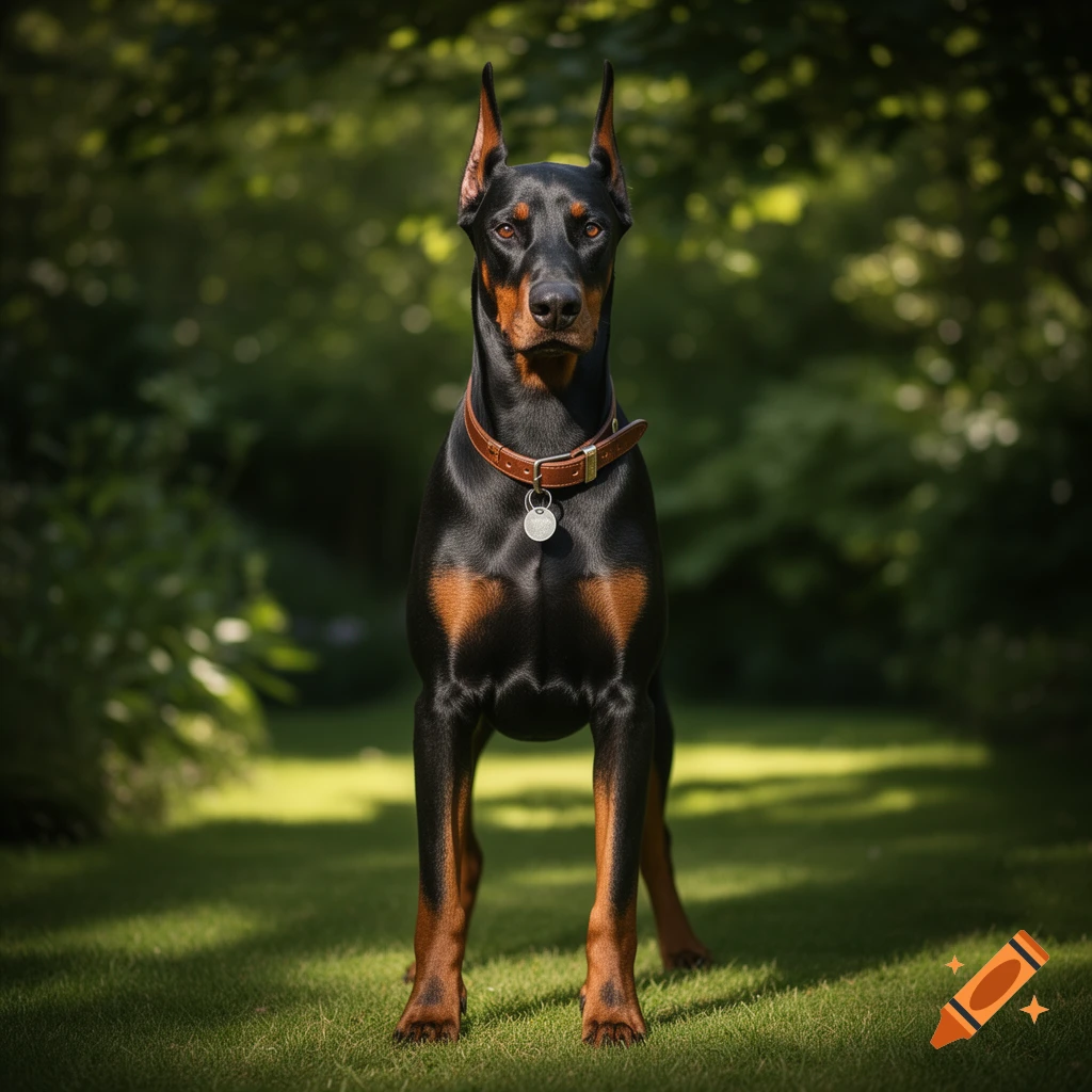 A sleek black and tan Doberman dog stands alert in a sunny green garden, looking directly at the viewer.