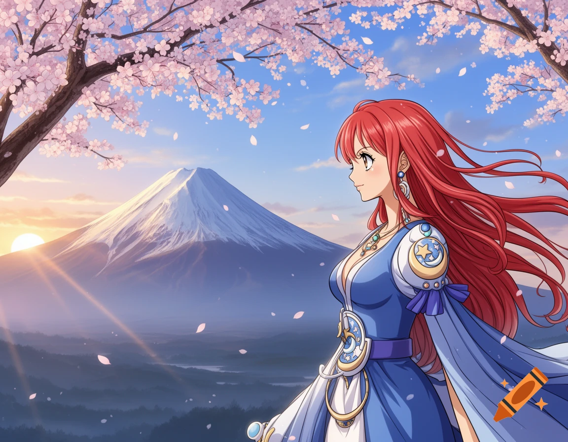 Anime girl with red hair in a blue dress, standing before Mount Fuji and cherry blossom trees at sunset.