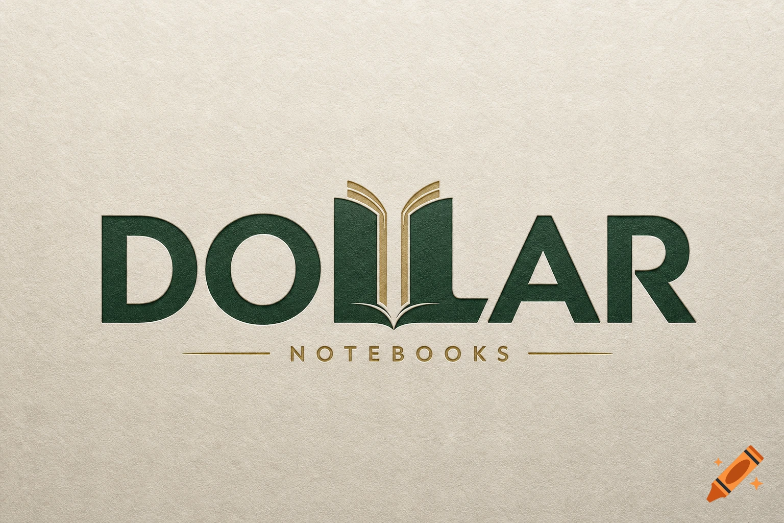 A dark green logo for 'DOLLAR NOTEBOOKS' on a textured beige background. An open book graphic replaces the 'LL' in 'DOLLAR'.