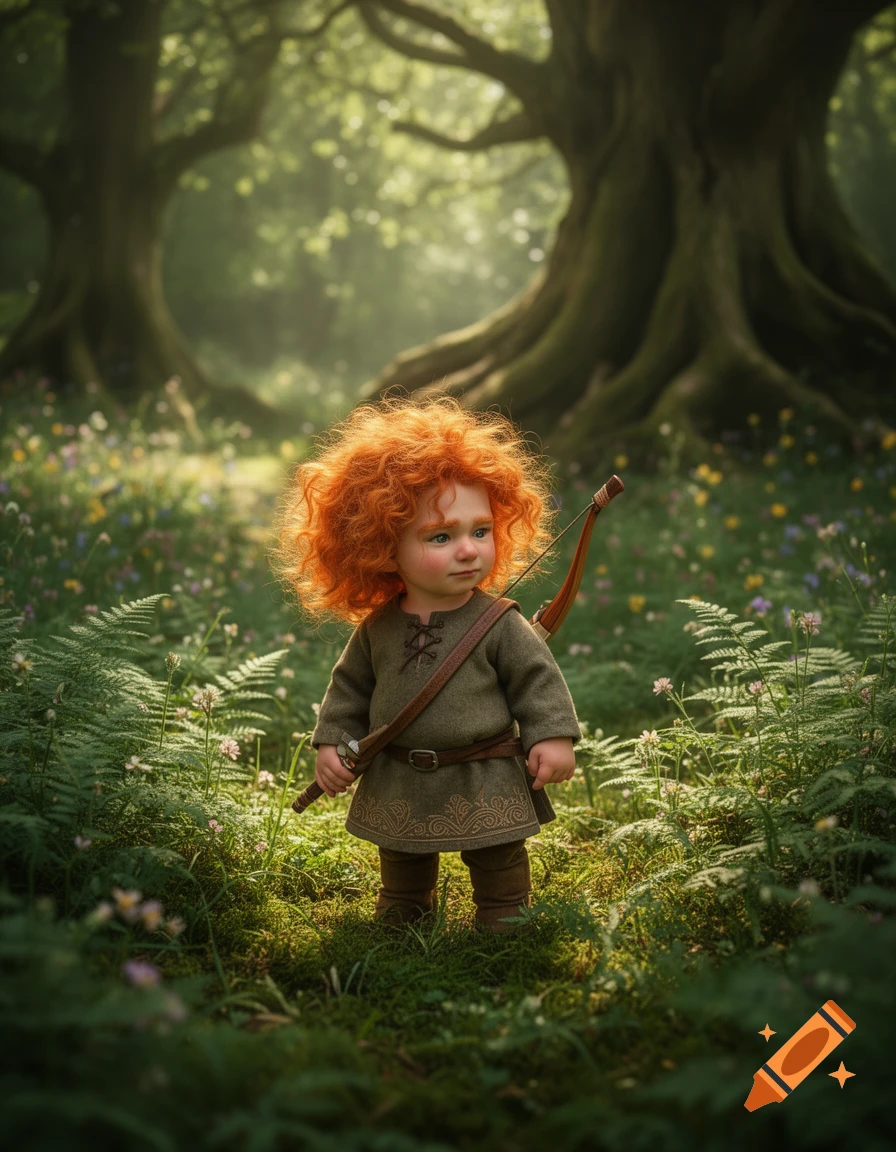 A child with red curly hair in a medieval tunic holds a short bow in a sunlit forest, surrounded by ferns and wildflowers.