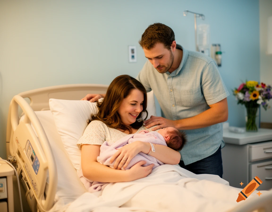 A happy mother holds her newborn baby in a hospital bed, while the father stands beside them, looking lovingly at the baby. Photorealistic.