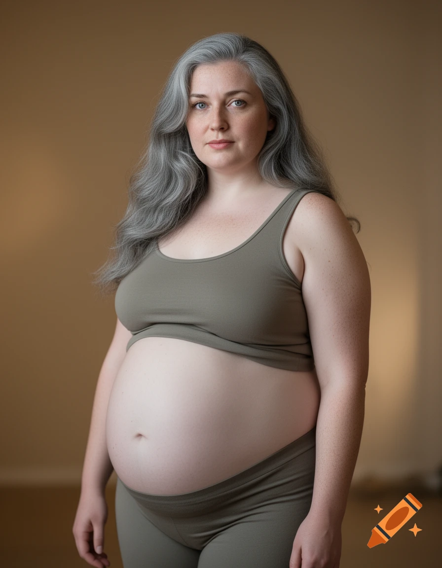 A pregnant woman with long grey hair, pale skin, and grey eyes, wearing a sage green sports bra and shorts, standing against a tan background.