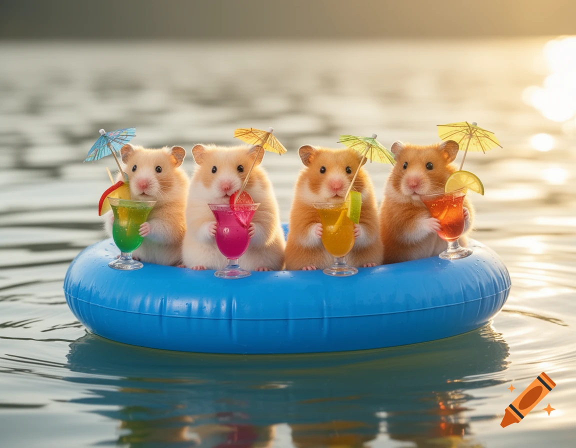 Four cute hamsters float in a blue inflatable ring on water, each holding a tiny colorful cocktail with an umbrella at sunset.