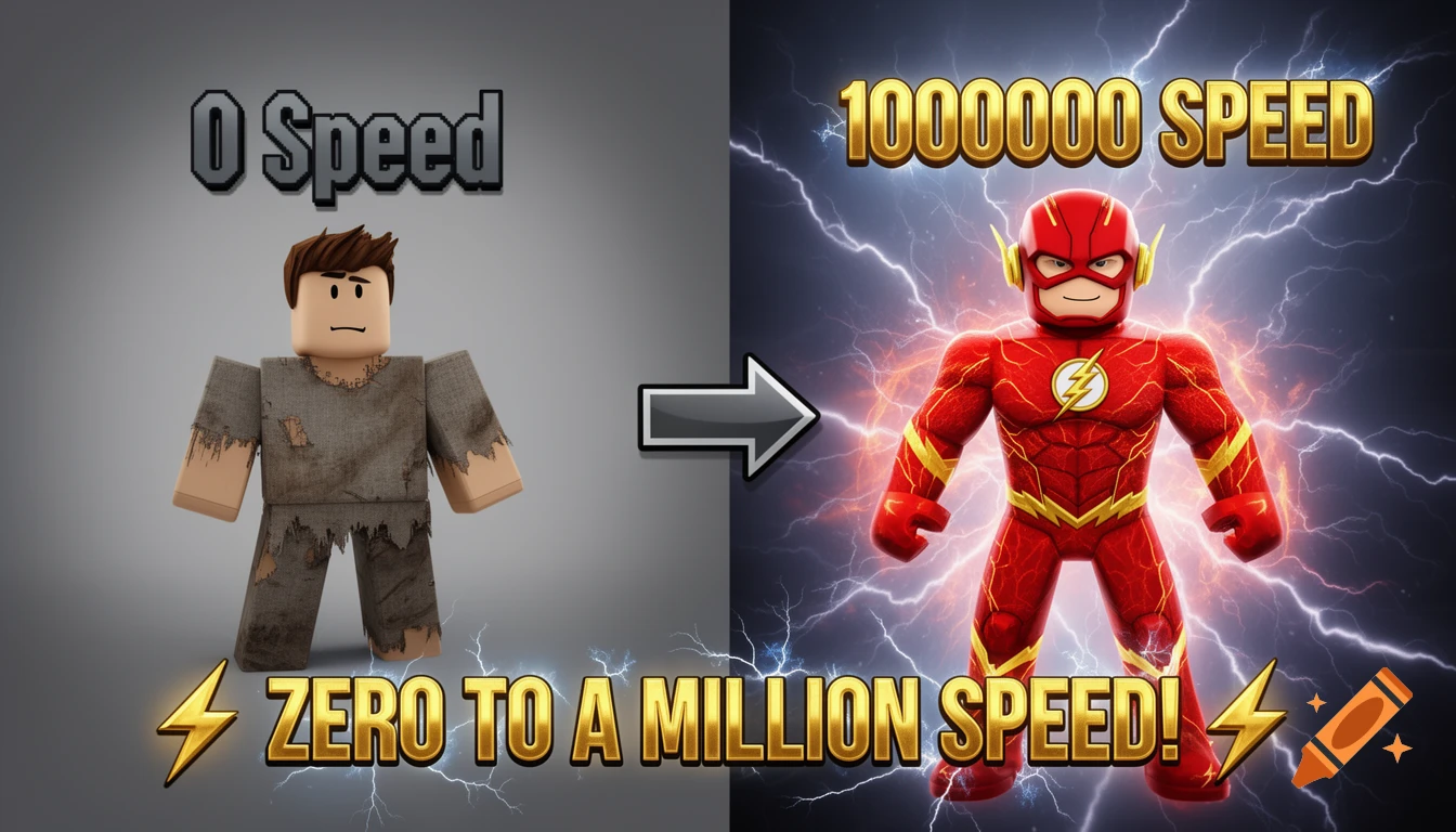 A split image shows a Roblox character in rags with '0 Speed' transforming into a Roblox Flash character with '1000000 SPEED' and lightning. Text below reads 'ZERO TO A MILLION SPEED!'.