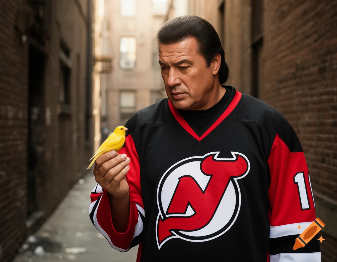 Steven Seagal in a black and red New Jersey Devils jersey holds a yellow canary in a city alley.