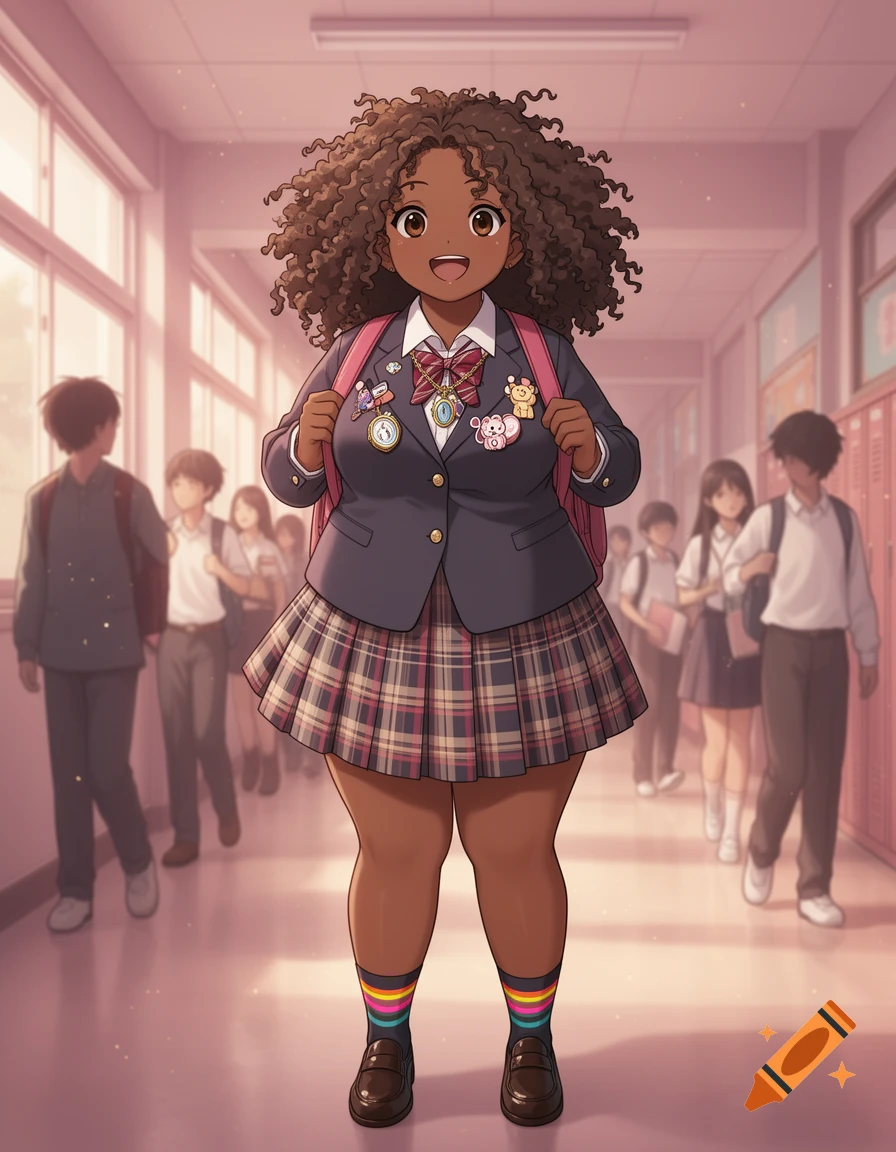 A plump, dark-skinned Black anime high school girl with curly hair and a pink backpack stands in a school hallway.