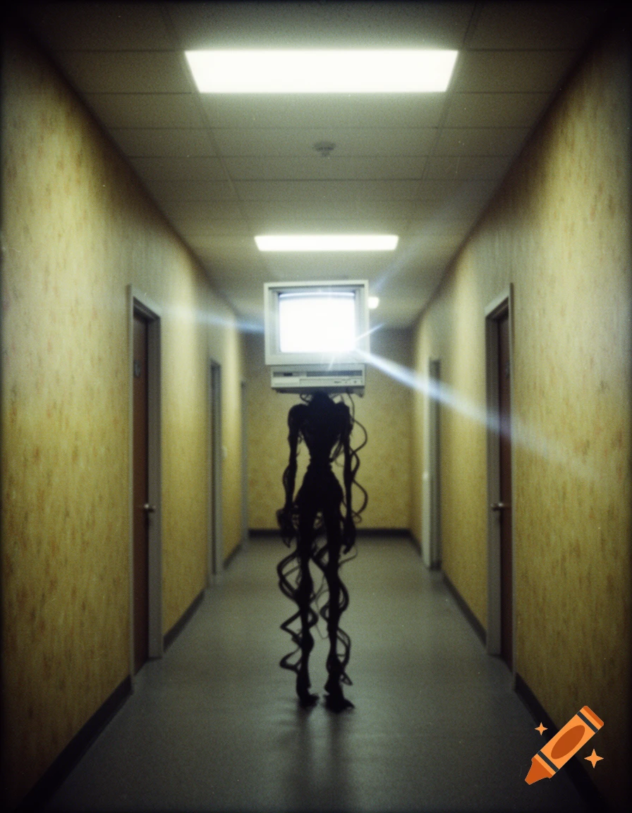 A tall, shadowy creature with a glowing computer monitor for a head stands in a dimly lit, yellow-wallpapered hallway, in a retro found-footage style.
