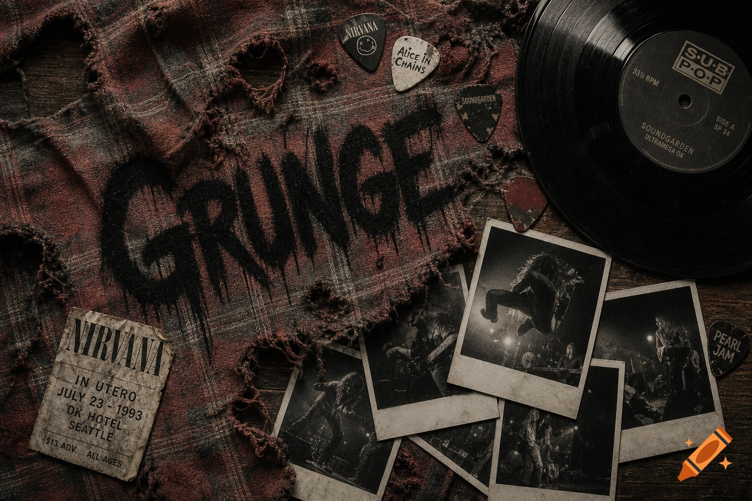 A flat lay of grunge-themed items including a torn flannel with "GRUNGE" text, band guitar picks, a vinyl record, and blurry black and white concert polaroids on a wooden surface.