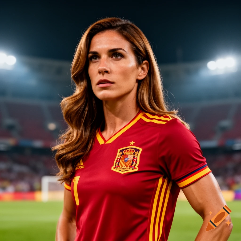 A photorealistic portrait of a woman in a red and yellow Spanish football jersey, looking intently ahead on a stadium pitch.