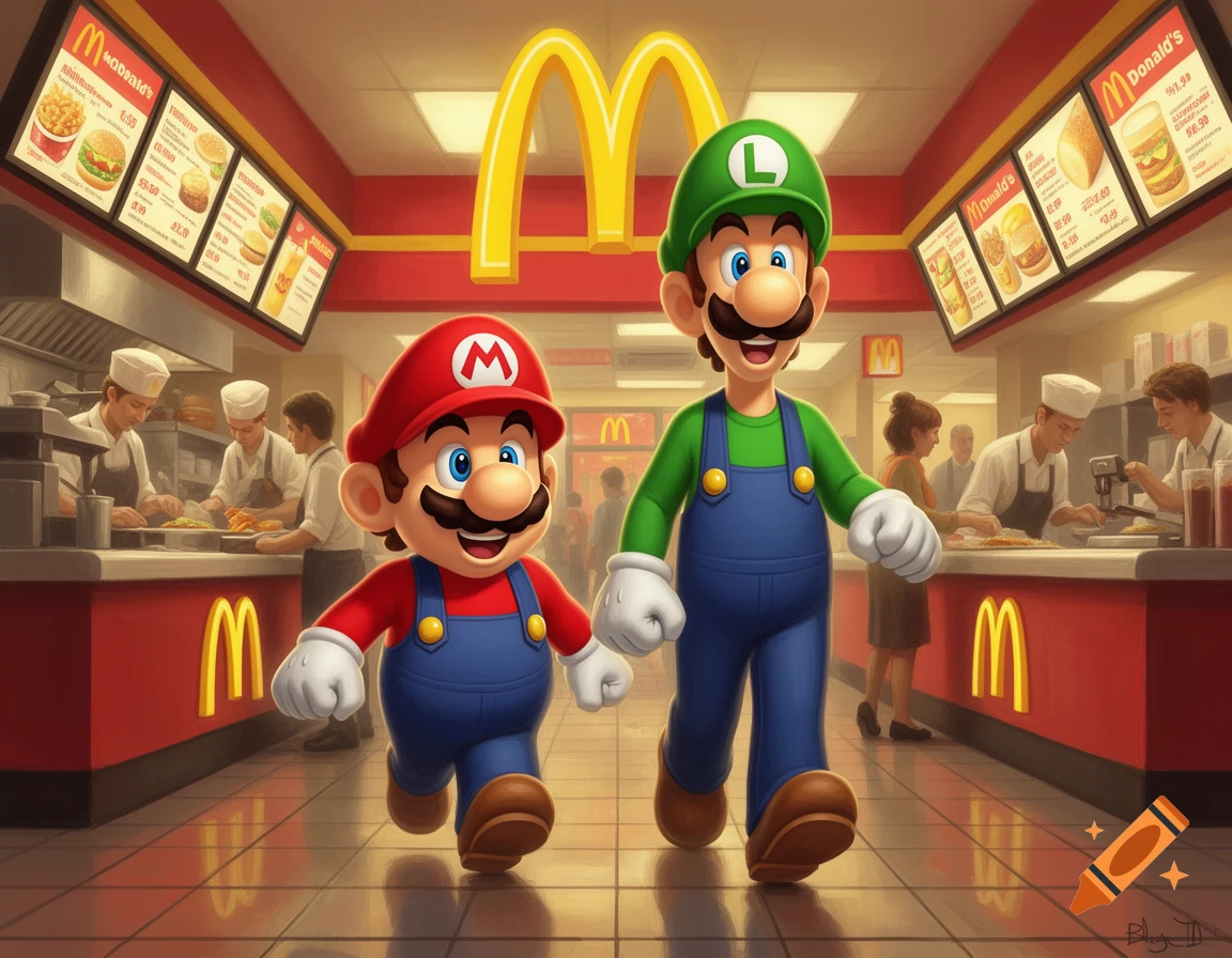 Cartoon characters Mario and Luigi walk through a McDonald's restaurant. Chefs prepare food behind a counter, and menu boards hang above.