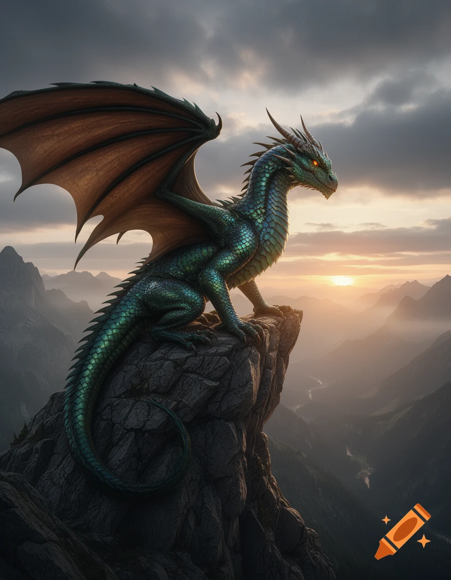 A majestic green dragon with large wings perches on a rocky mountain cliff, overlooking a vast valley during sunset. Photorealistic fantasy art.