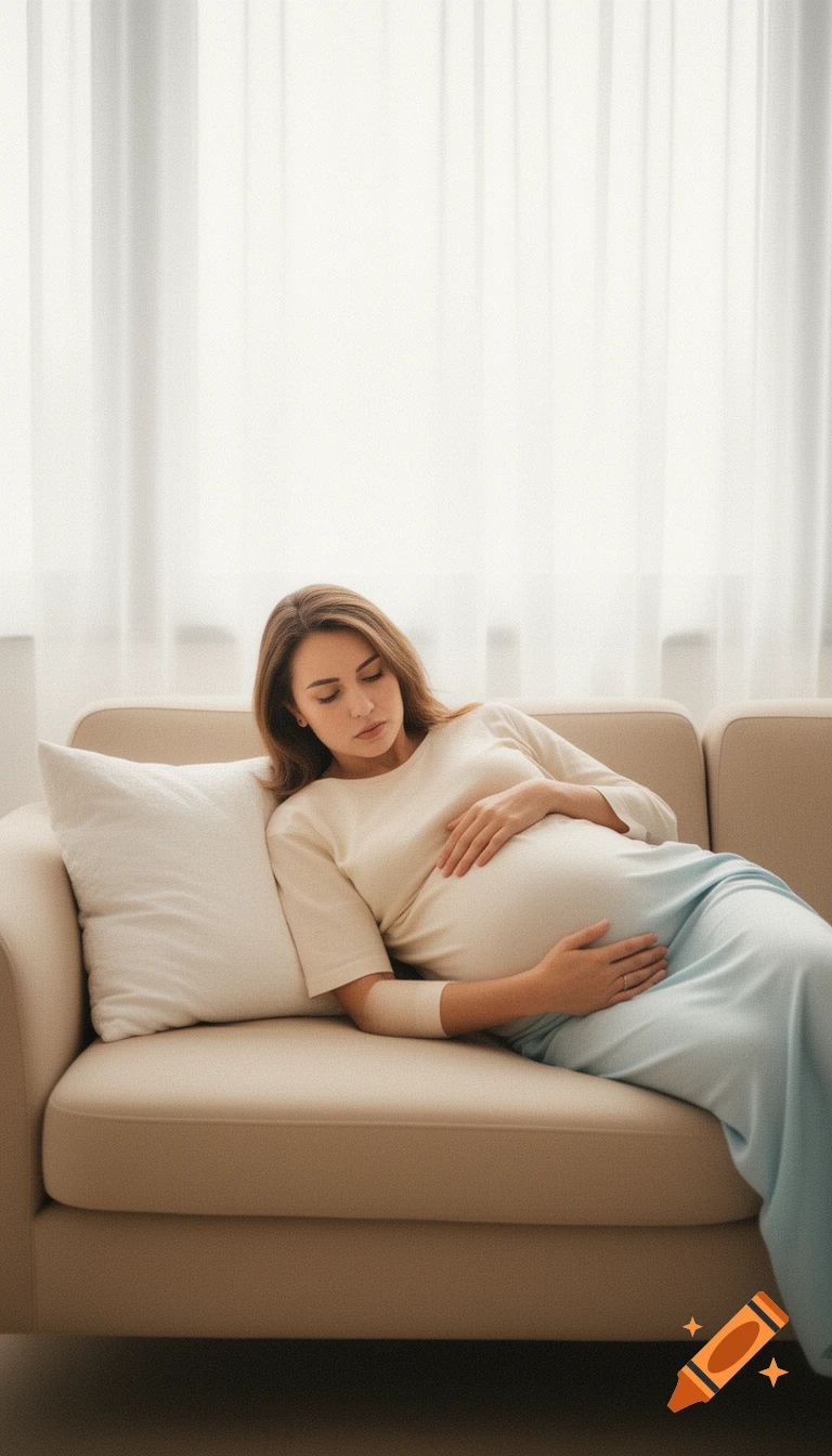 A hyper-realistic editorial photograph of a pregnant woman lying on a beige sofa, gently holding her belly while looking down thoughtfully.