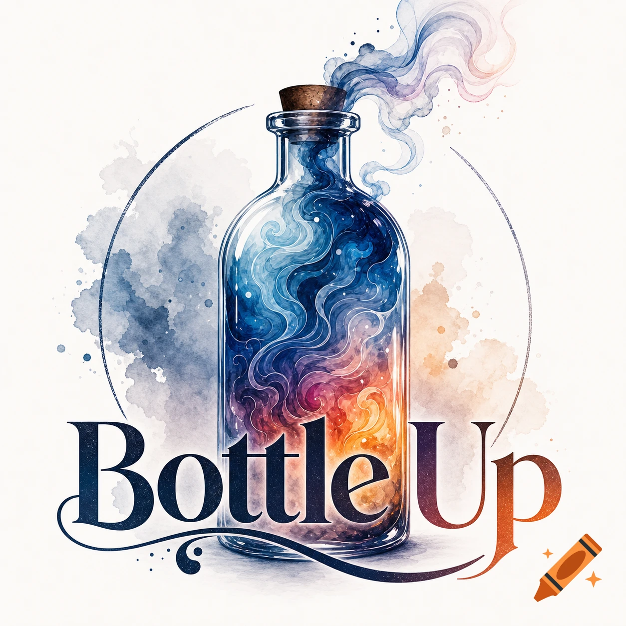 A watercolor logo of a glass bottle with a cork, containing swirling blue, purple, and orange colors, with smoke escaping. The text 'Bottle Up' is below.