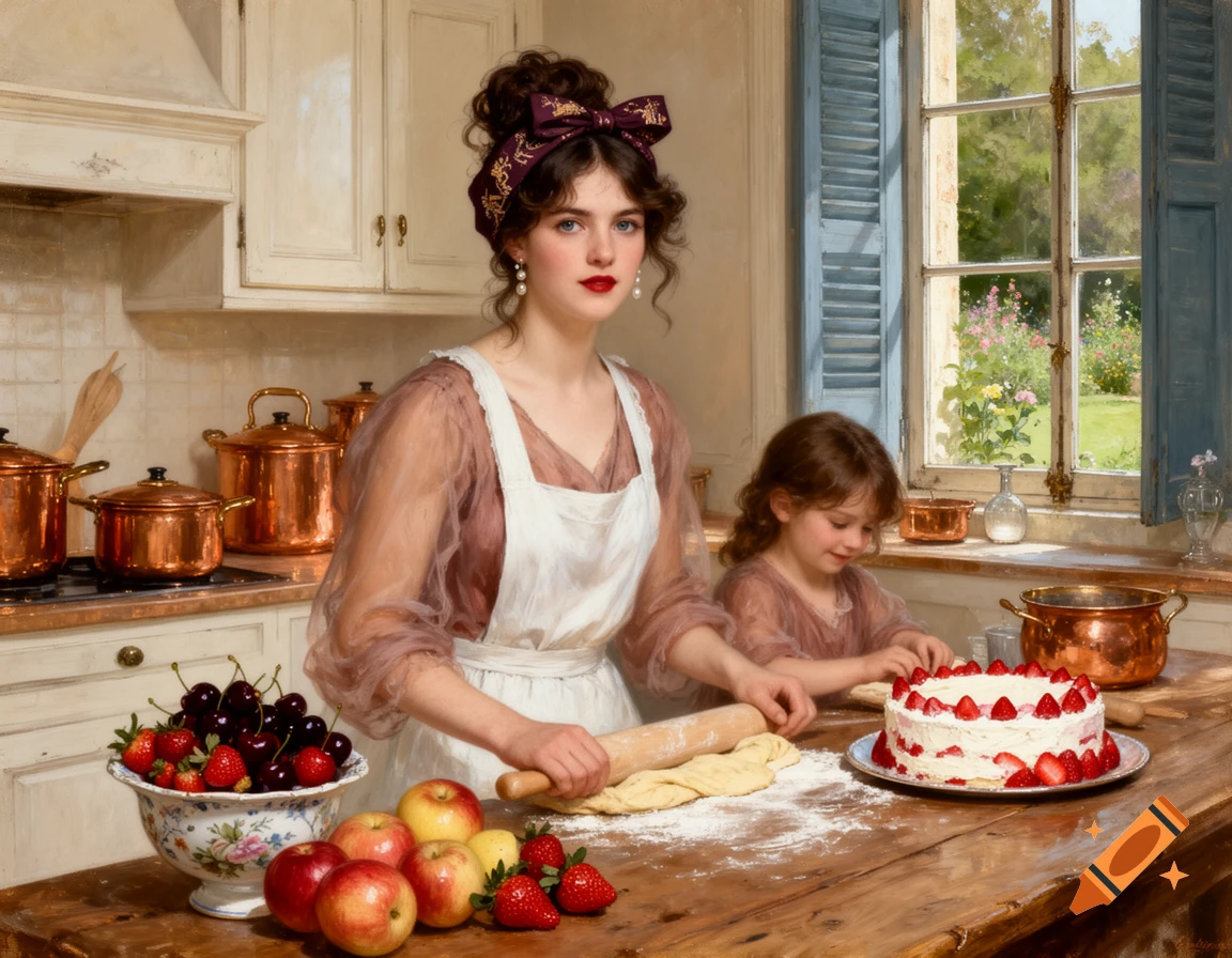 Oil painting of a woman and child baking in a bright French kitchen, with a strawberry cake, copper pots, and a garden view.