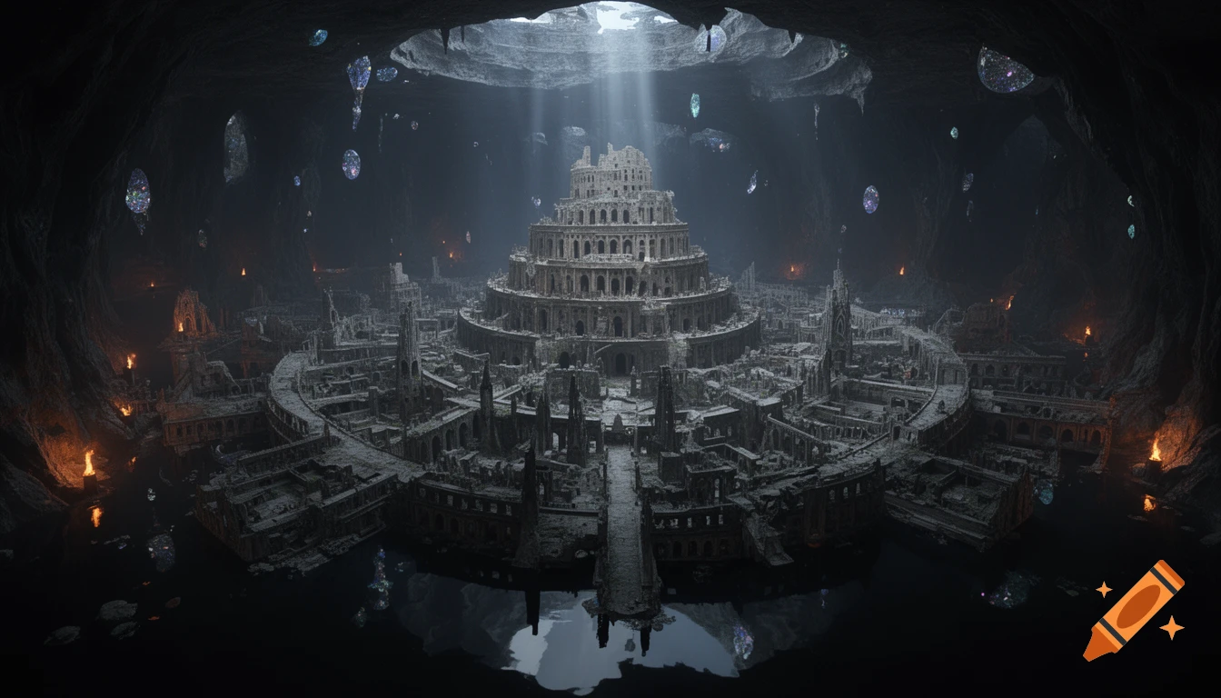 A majestic, ruined tiered city in an enormous underground cave, partially submerged in dark water, lit by light beams and torches.