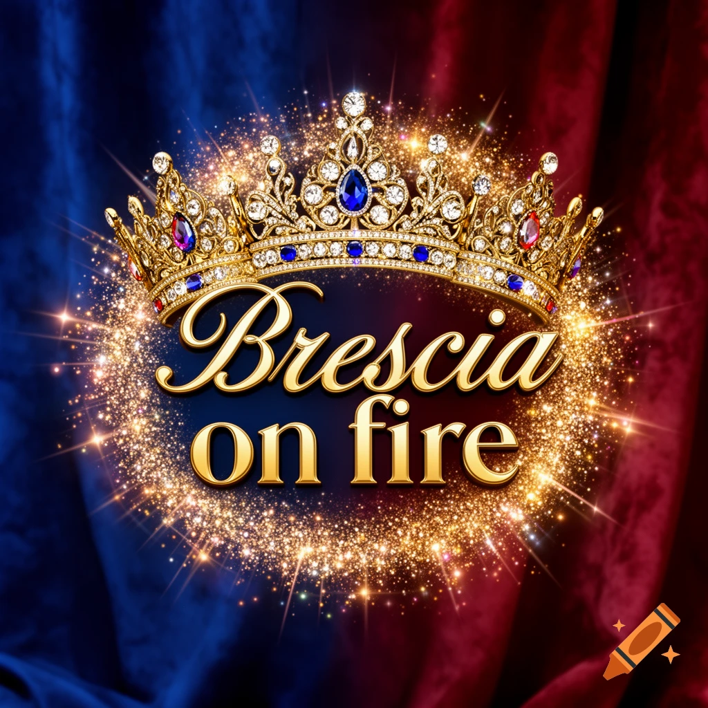 A golden, jewel-encrusted crown with 'Brescia on fire' text, surrounded by sparkles on a red and blue fabric background.